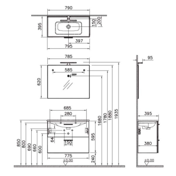 Composizione bagno mobile sospeso Sara 80 cm lavabo specchio LED Cordoba