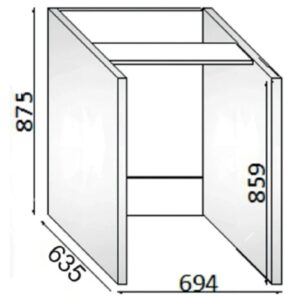 Schizzo di un mobile bagno aperto con dimensioni.