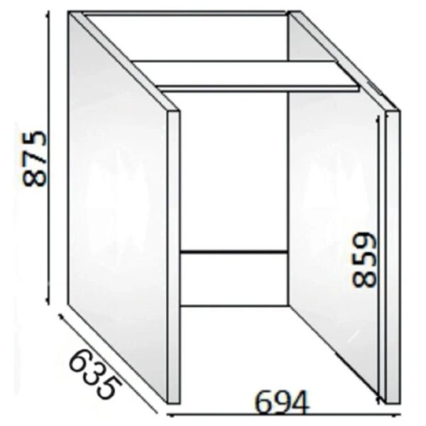 Schizzo di un mobile bagno aperto con dimensioni.