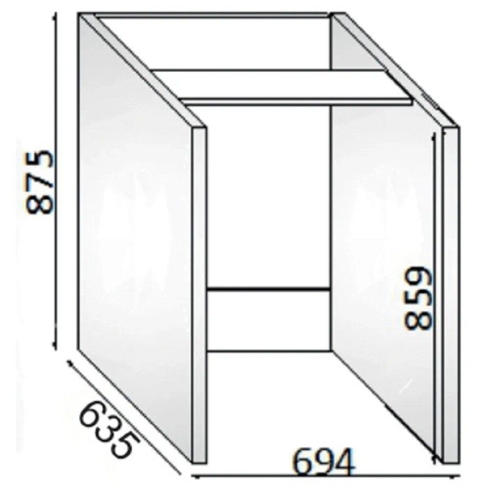 Schizzo di un mobile bagno aperto con dimensioni.