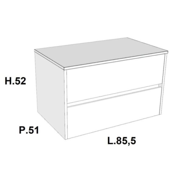 Mobile bagno base sospesa monoblocco 2 cassetti top e gola H52xL85,5xP51 cm