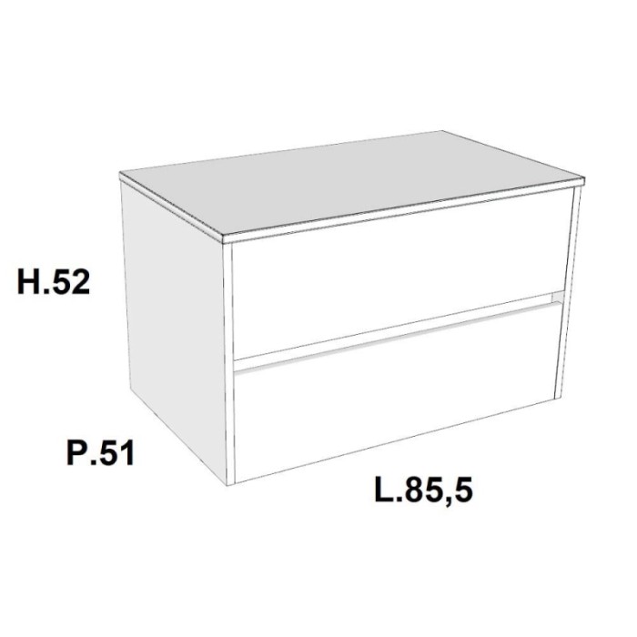 Mobile bagno base sospesa monoblocco 2 cassetti top e gola H52xL85,5xP51 cm