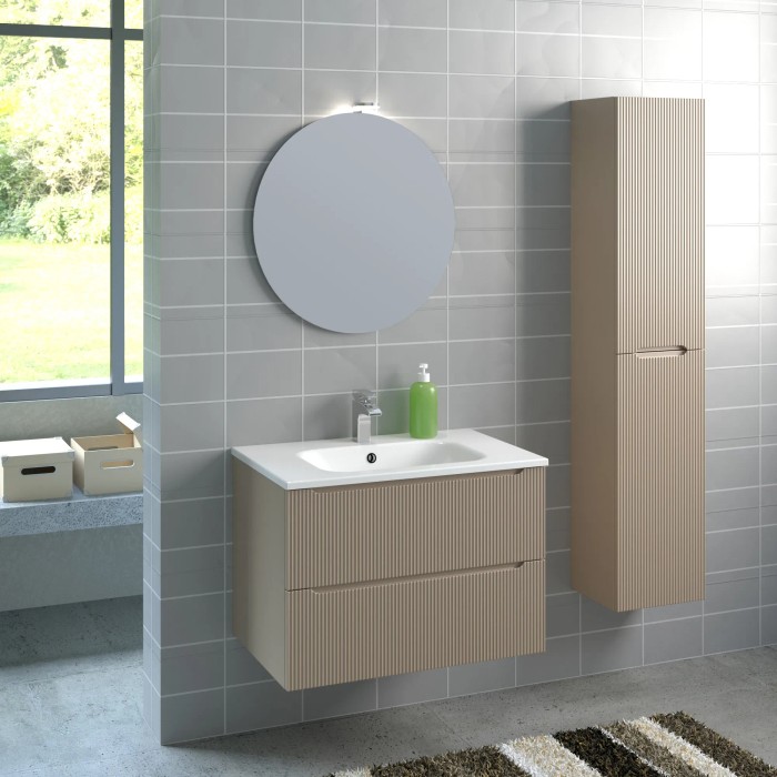 Set bagno moderno con mobile lavabo, pensile a specchio e specchio rotondo.