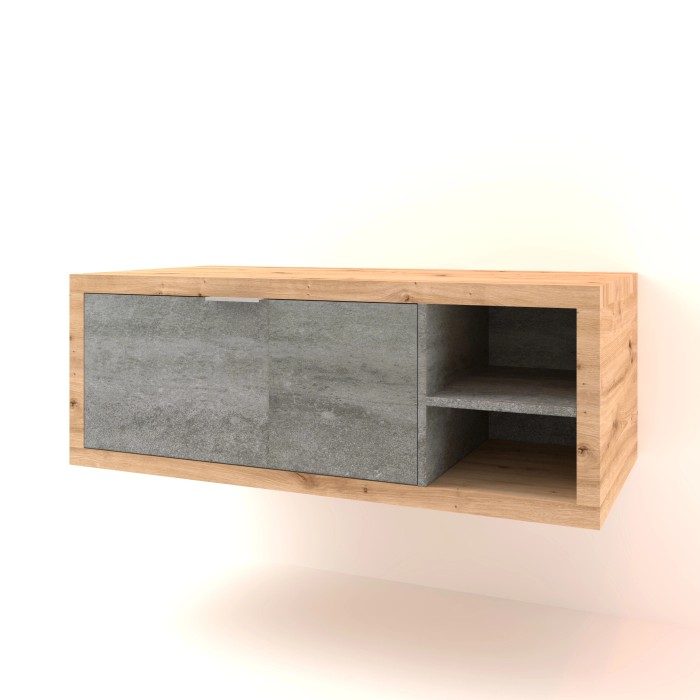 Mobile bagno sospeso effetto legno con anta grigia e vano a giorno.