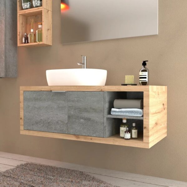 Set di mobili da bagno moderni con lavabo, mobile sottolavabo con frontali grigi ed effetto legno. Ideale per il tuo bagno.