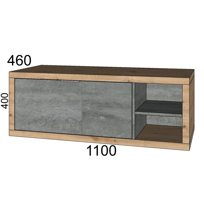 Mobile bagno moderno con frontale grigio e cornice in legno, larghezza 110 cm.