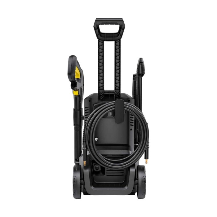 Idropulitrice nera con tubo e accessori.