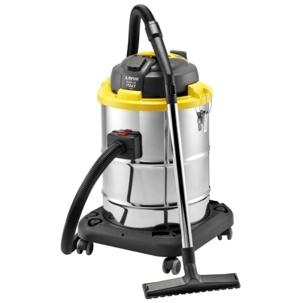 t.b.t. aspirapolvere per liquidi e solidi in acciaio inox con dettagli gialli.