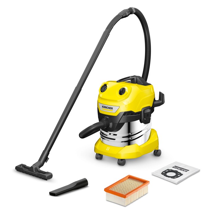 Aspiratore solidi-liquidi Kärcher WD 4 S V-20/5/22 con accessori e contenitore in acciaio inox.