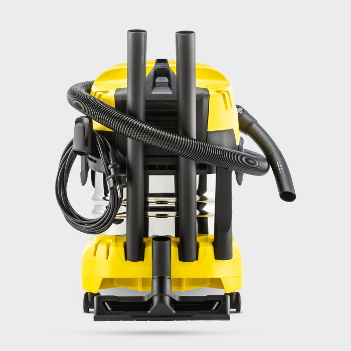 Aspiratore solidi-liquidi Kärcher WD 4 S V-20/5/22, giallo, con porta accessori e contenitore in acciaio inox.