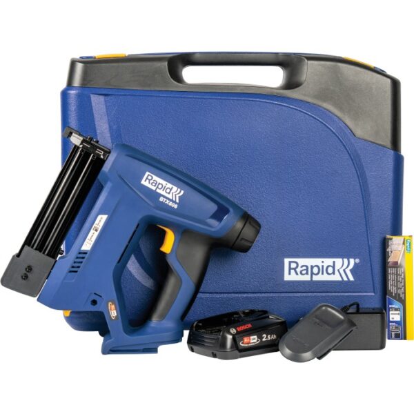 Rapid BTX606 18V sparapunti a batteria con batteria, caricabatterie e accessori in valigetta blu.