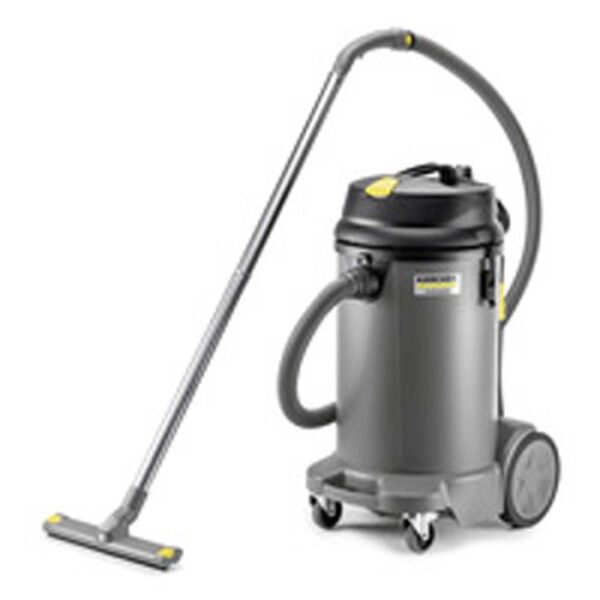 Aspiratutto Kärcher t.b.t. grigio per liquidi e solidi con ruote e tubo di aspirazione.