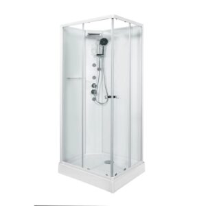 Box doccia t.b.t. bianca con vetro frontale e set doccia integrato.