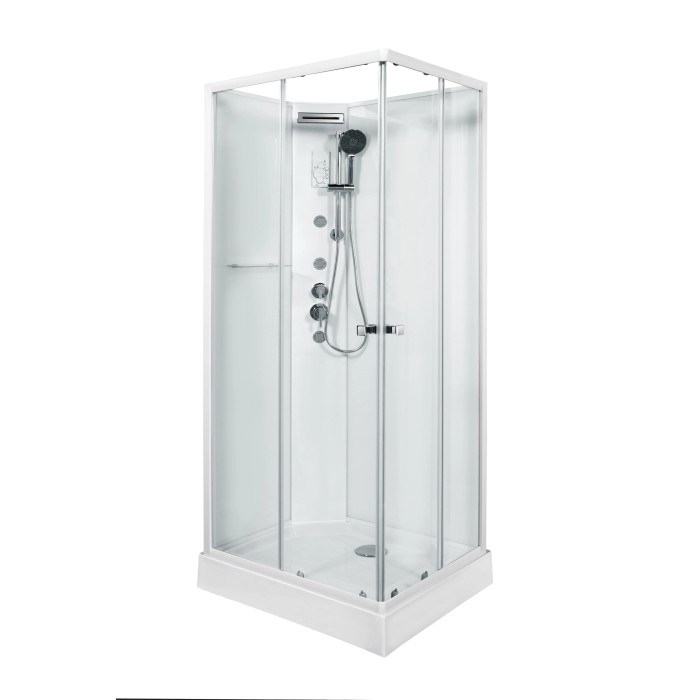 Box doccia t.b.t. bianca con vetro frontale e set doccia integrato.