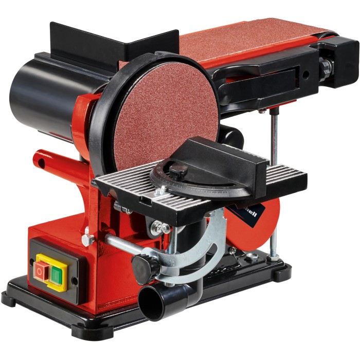 Einhell TC-US 380 Levigatrice a nastro e disco: Levigatrice rossa con nastro e disco abrasivo.