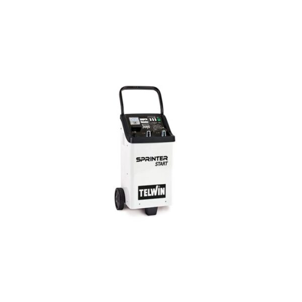 Caricabatterie Telwin Sprinter Start 3000 con ruote per la riparazione auto.