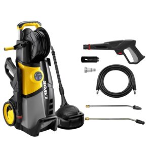 Idropulitrice grigio-gialla con accessori come pistola, ugelli e tubo.