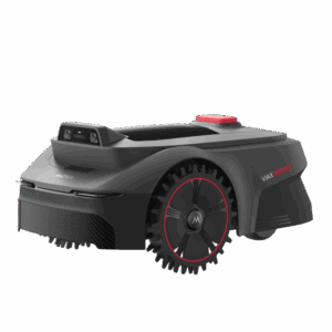 Robot rasaerba nero Mova ViAX 300 con mappatura AI e dettagli rossi.