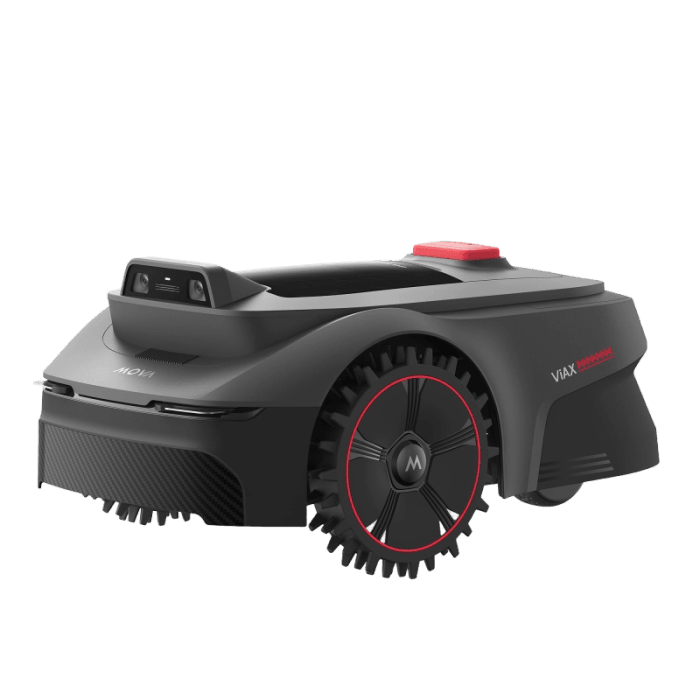 Robot rasaerba nero Mova ViAX 300 con mappatura AI e dettagli rossi.