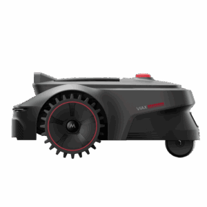 Robot rasaerba nero Mova ViAX 300 con dettagli rossi, vista laterale.