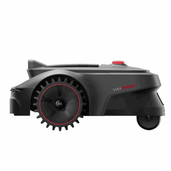 Robot rasaerba nero Mova ViAX 300 con dettagli rossi, vista laterale.