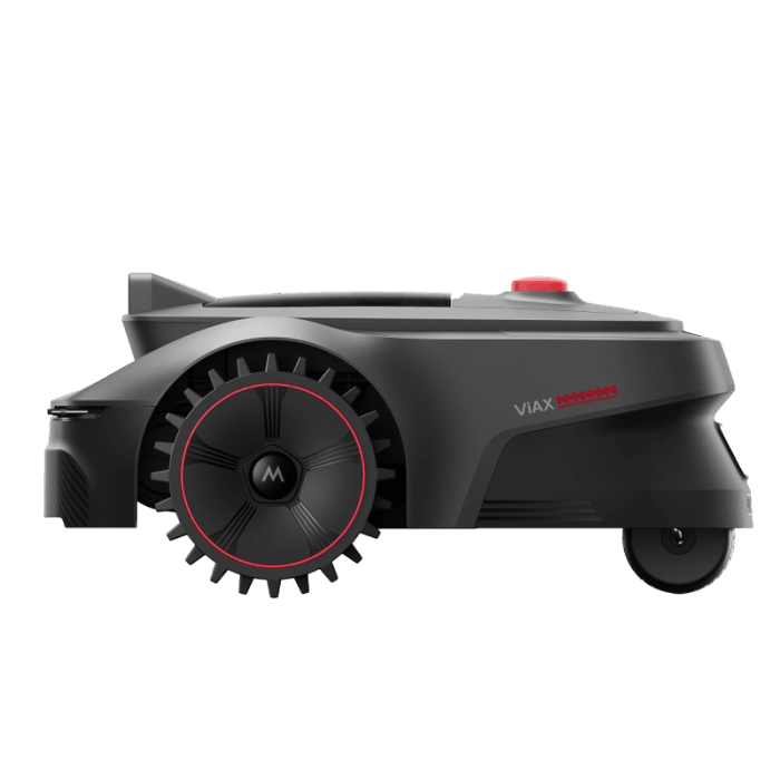 Robot rasaerba nero Mova ViAX 300 con dettagli rossi, vista laterale.