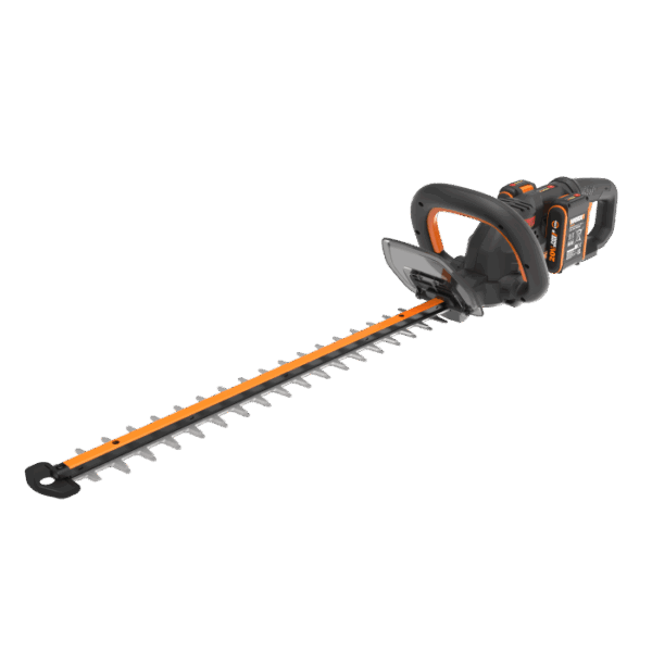 Tagliasiepi a batteria Worx Nitro WG263E con batteria, cesoie da giardino arancio e nere.